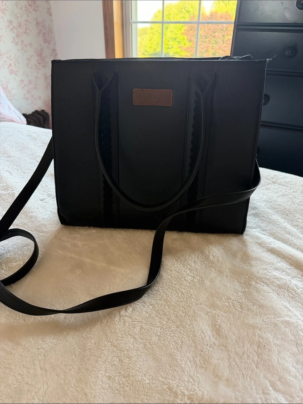 Wrangler Black Faux Leather Tote Bag with Top Handles